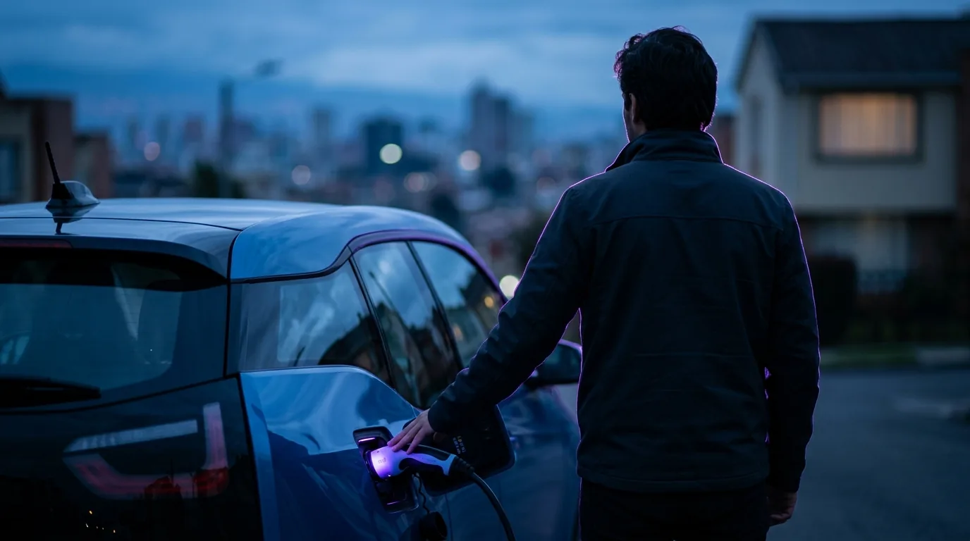 Conductor conectando su carro eléctrico al cargador frente a una casa, con la ciudad de fondo